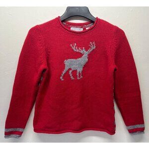 VTG Womens Large Petite 100% Lambs Wool Sweater Pullover Moose Elk Red Striped